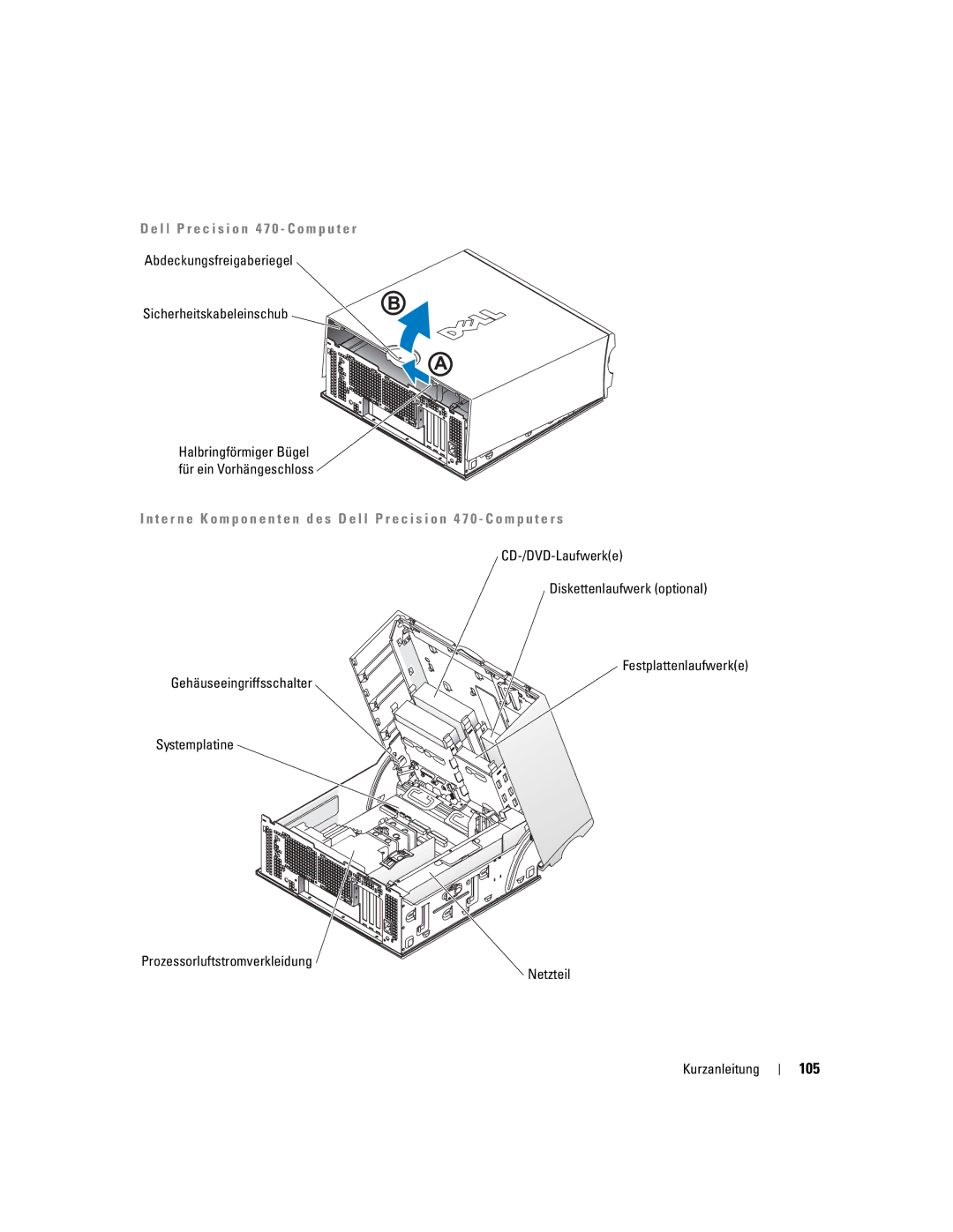 Dell X3155, WHM manual 105, L l P r e c i s i o n 4 7 0 C o m p u t e r, Abdeckungsfreigaberiegel Sicherheitskabeleinschub 