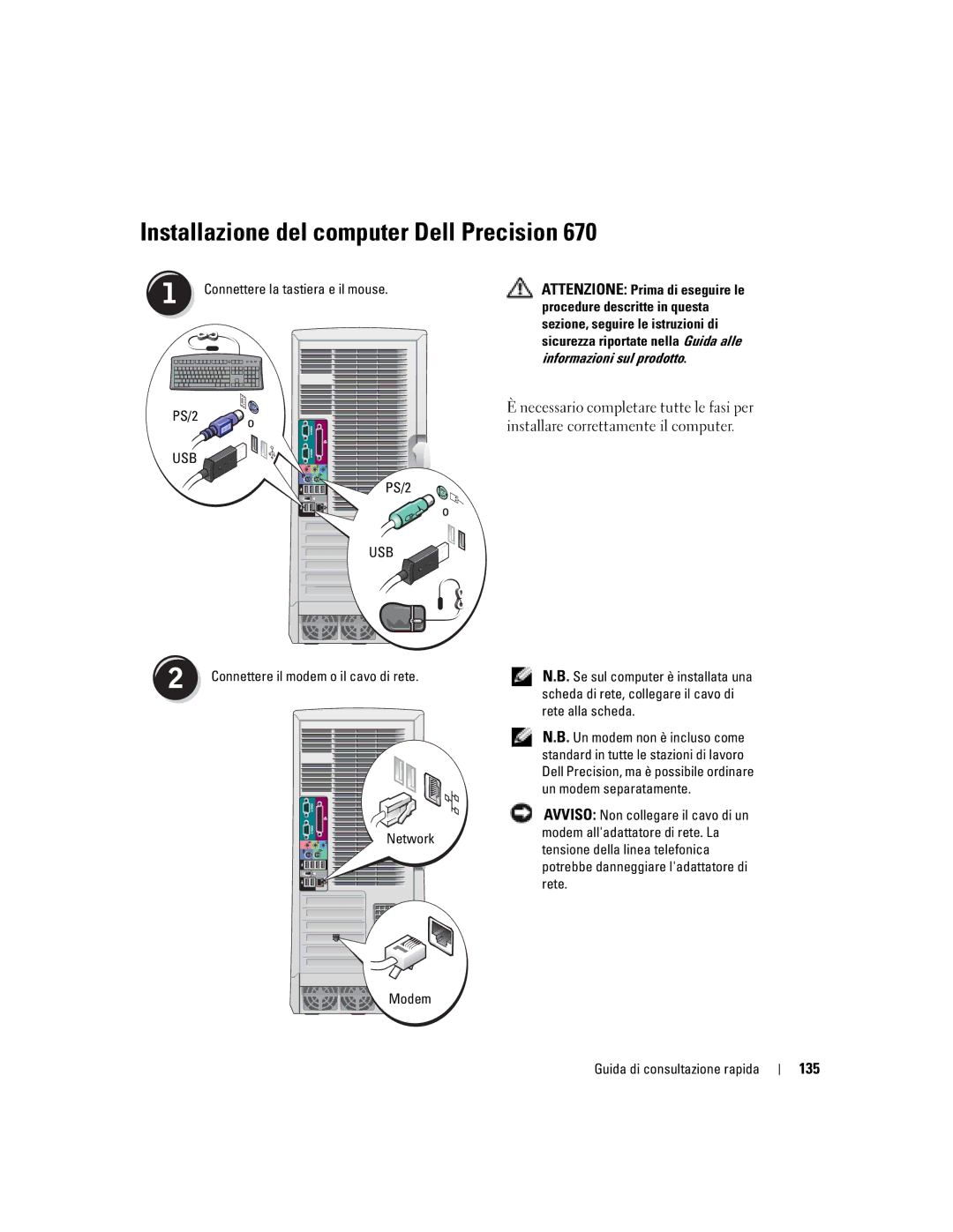 Dell X3155, WHM manual Installazione del computer Dell Precision, 135, PS/2 o 