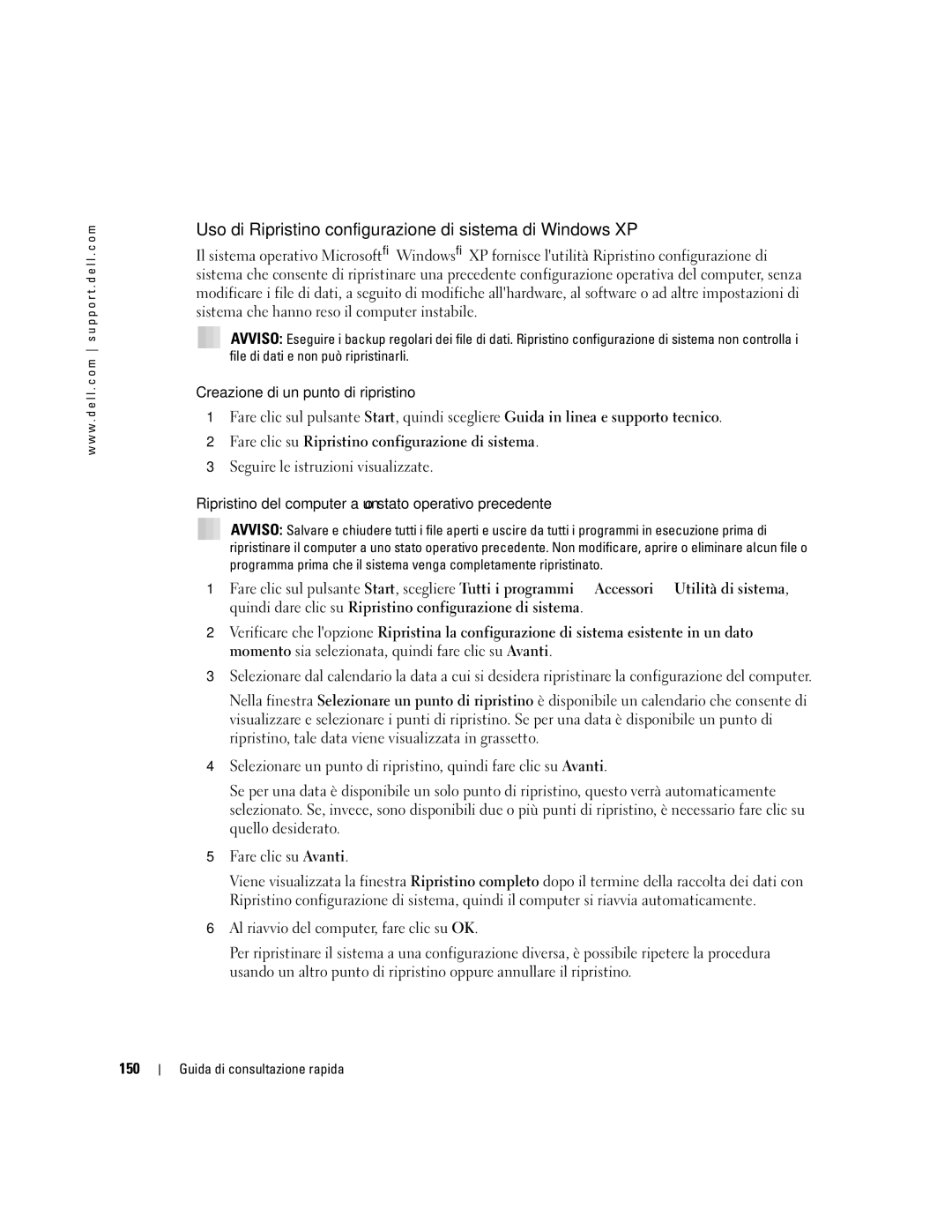 Dell WHM, X3155 manual Uso di Ripristino configurazione di sistema di Windows XP, Creazione di un punto di ripristino, 150 