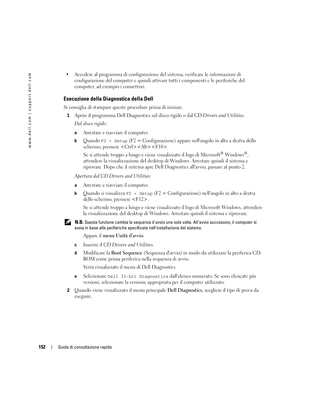 Dell WHM, X3155 manual Esecuzione della Diagnostica della Dell, Appare il menu Unità davvio, 152 