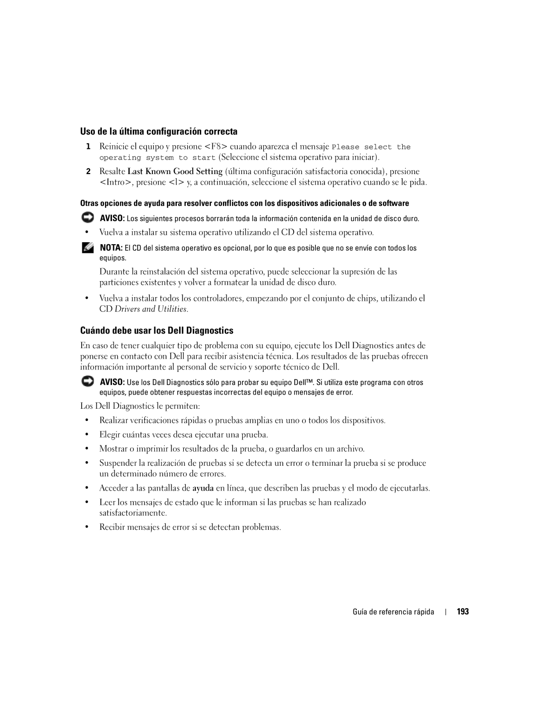 Dell X3155, WHM manual Uso de la última configuración correcta, Cuándo debe usar los Dell Diagnostics, 193 