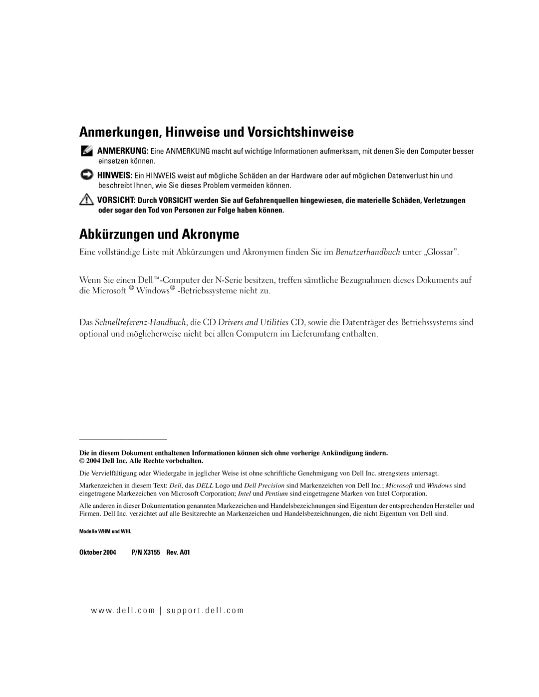 Dell WHM, X3155 manual Anmerkungen, Hinweise und Vorsichtshinweise, Abkürzungen und Akronyme 