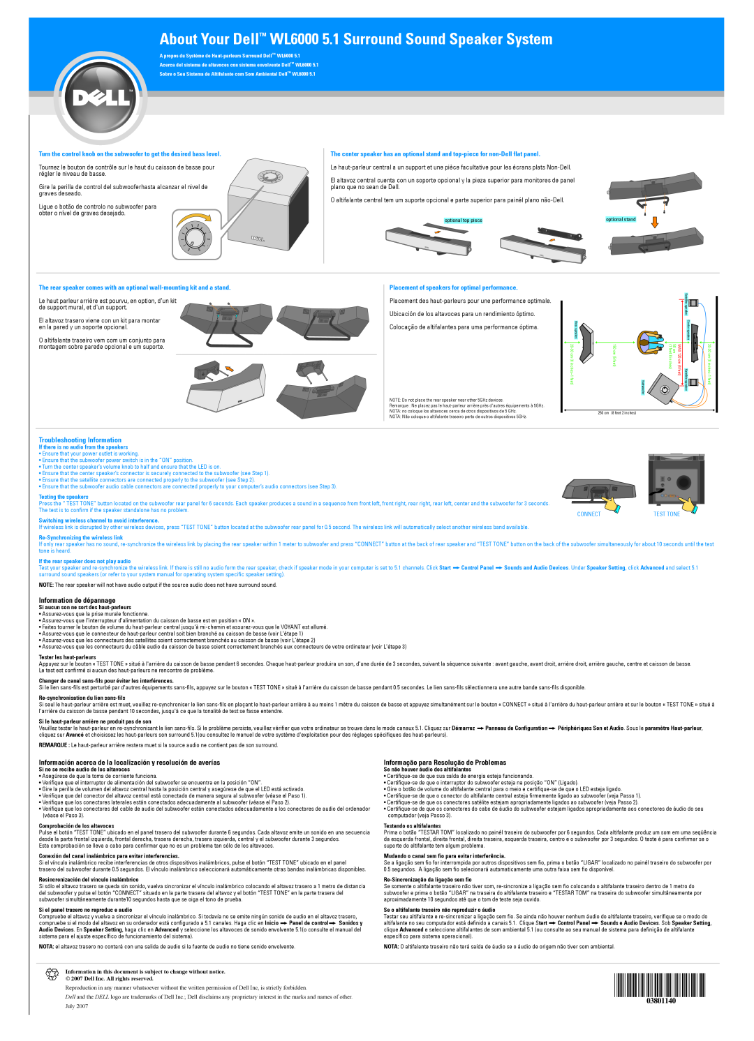 Dell About Your DellTM WL6000 5.1 Surround Sound Speaker System, Troubleshooting Information, Information de dépannage 