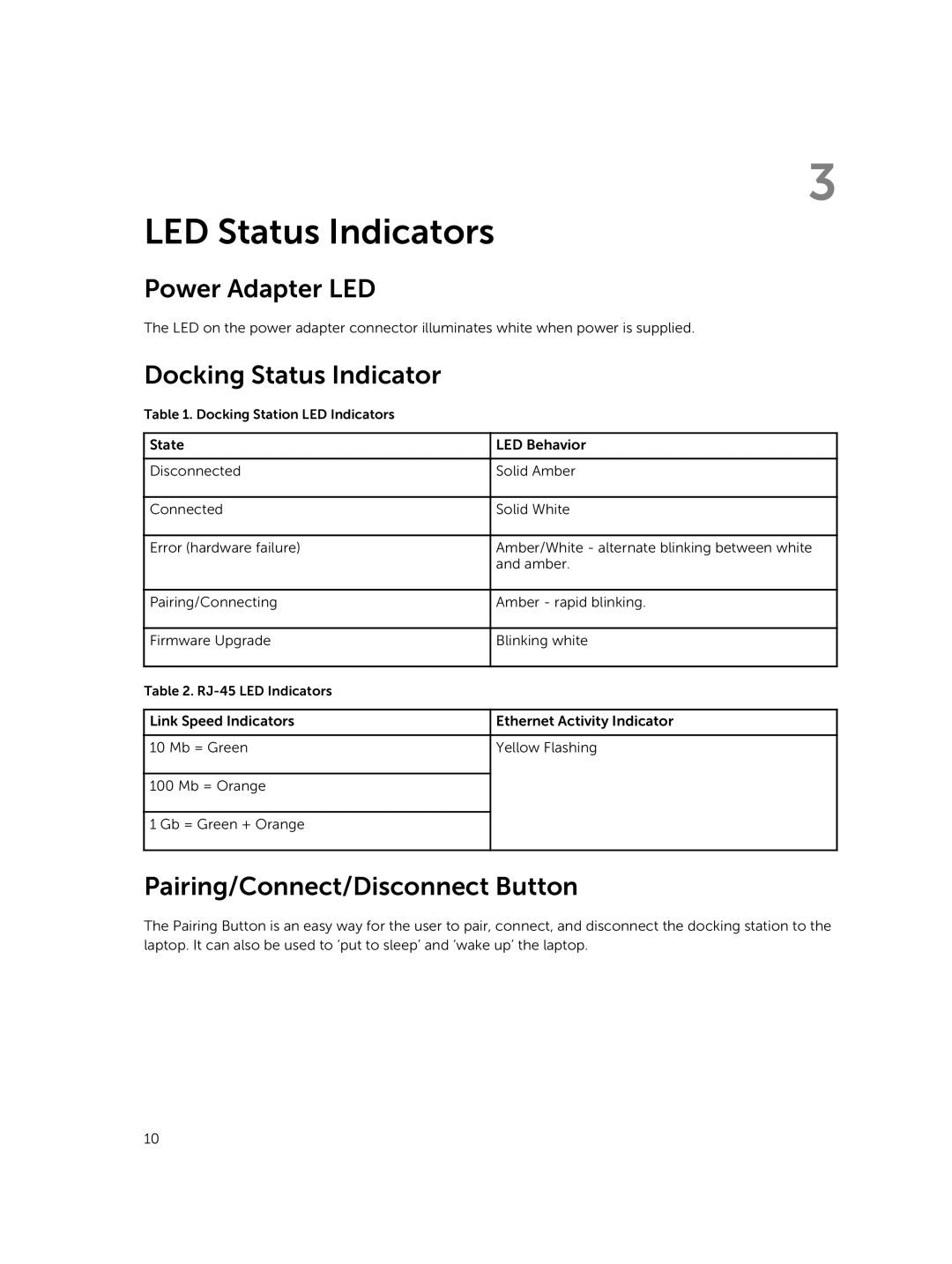 Dell WLD15 manual LED Status Indicators, Power Adapter LED, Docking Status Indicator, Pairing/Connect/Disconnect Button 