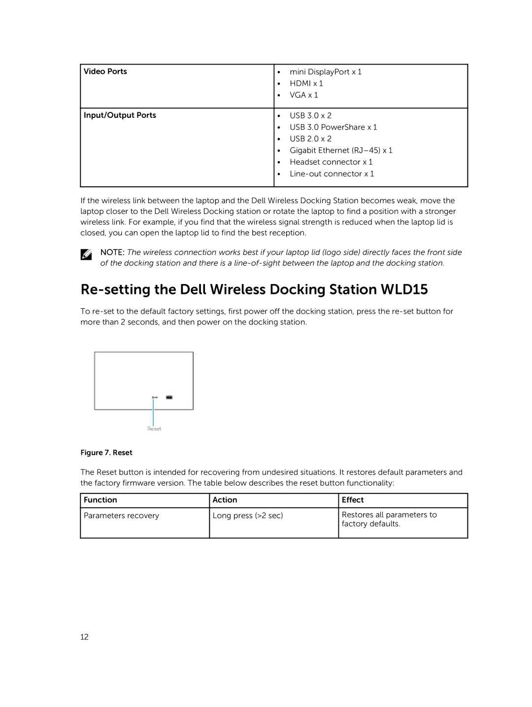 Dell manual Re-setting the Dell Wireless Docking Station WLD15, Reset 