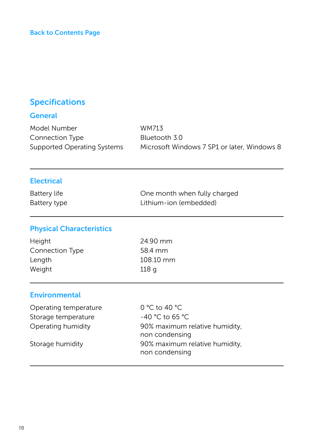 Dell WM713 manual Specifications, General 