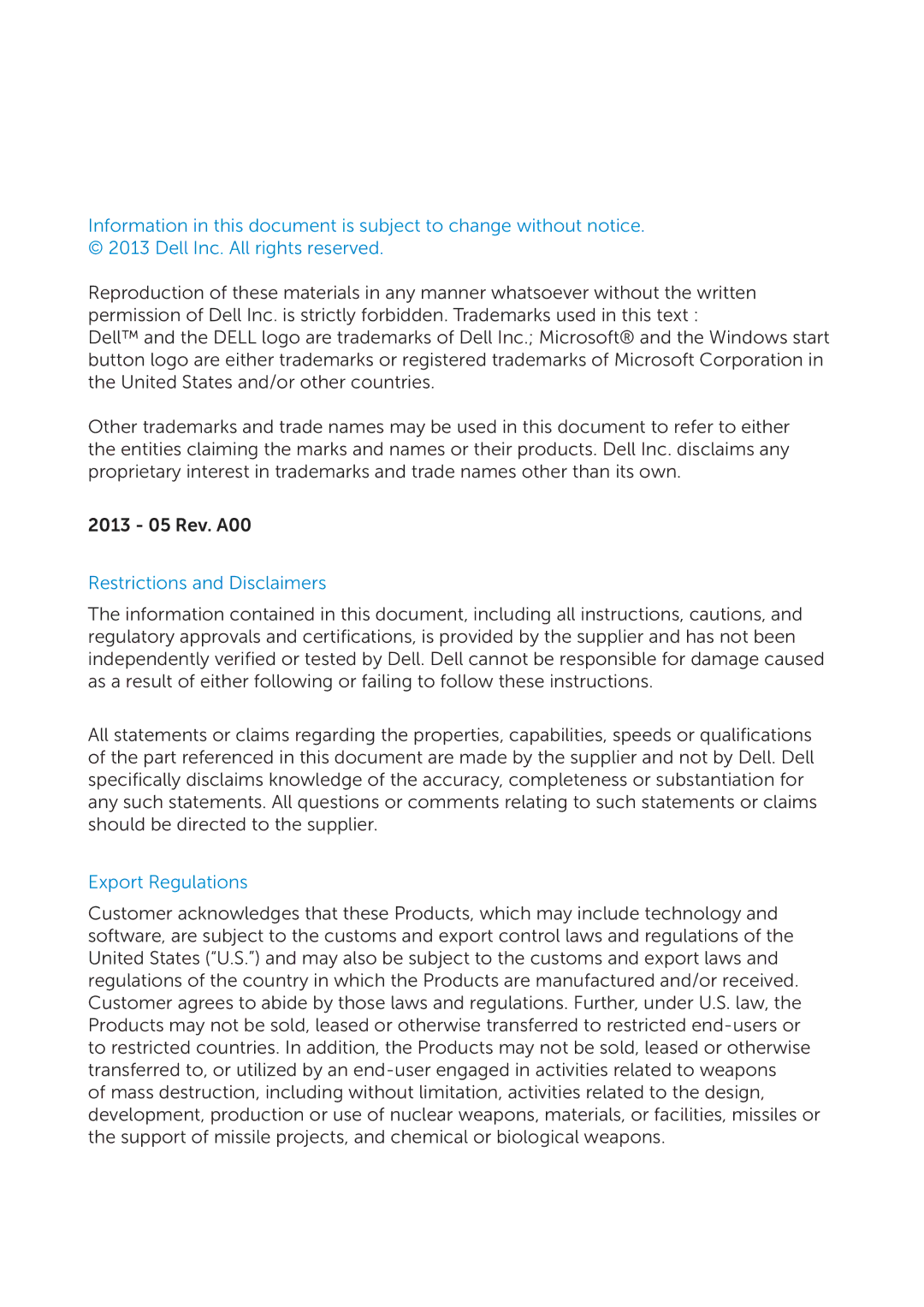 Dell WM713 manual Restrictions and Disclaimers 