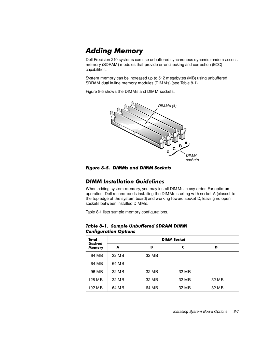 Dell WorkStation 210 manual $GGLQJ0HPRU, 64 MB 96 MB 128 MB 192 MB 32 MB 