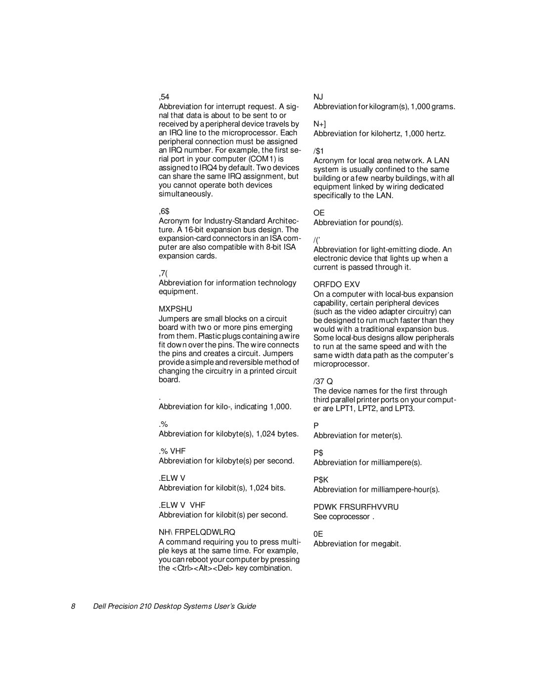 Dell WorkStation 210 manual Abbreviation for kilobytes per second, Abbreviation for pounds, Abbreviation for megabit 