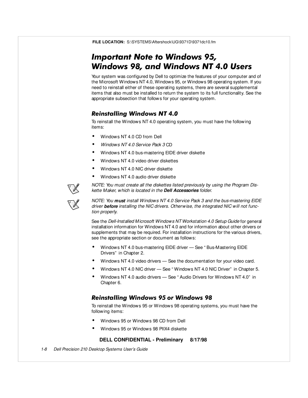 Dell WorkStation 210 manual PSRUWDQW1RWHWRLQGRZV, 5HLQVWDOOLQJLQGRZV17, 5HLQVWDOOLQJLQGRZVRULQGRZV 