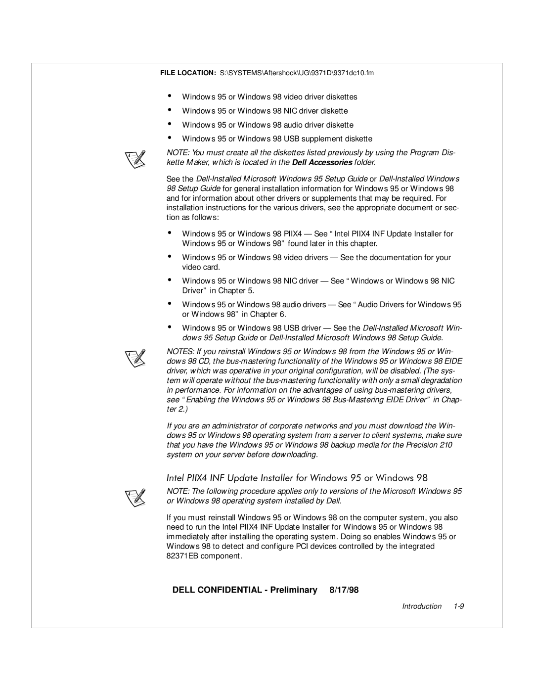 Dell WorkStation 210 manual Dell Confidential Preliminary 8/17/98 