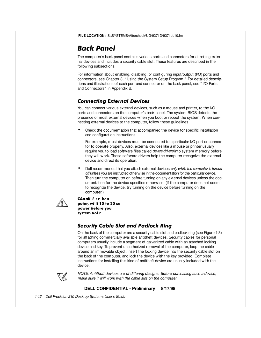 Dell WorkStation 210 manual DFN3DQHO, Rqqhfwlqjwhuqdohylfhv, 6HFXULW\&DEOH6ORWDQG3DGORFN5LQJ 