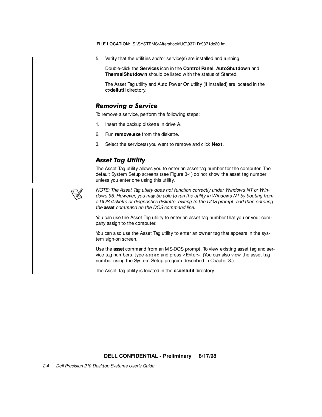 Dell WorkStation 210 manual 5HPRYLQJD6HUYLFH, $VVHW7DJ8WLOLW 