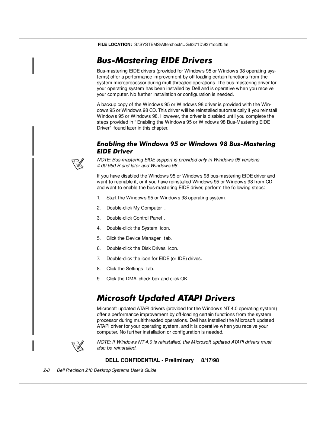 Dell WorkStation 210 manual XV0DVWHULQJ,ULYHUV, 0LFURVRIW8SGDWHG$7$3,ULYHUV, QDEOLQJWKHLQGRZVRULQGRZV%XV0DVWHULQJ ,ULYHU 