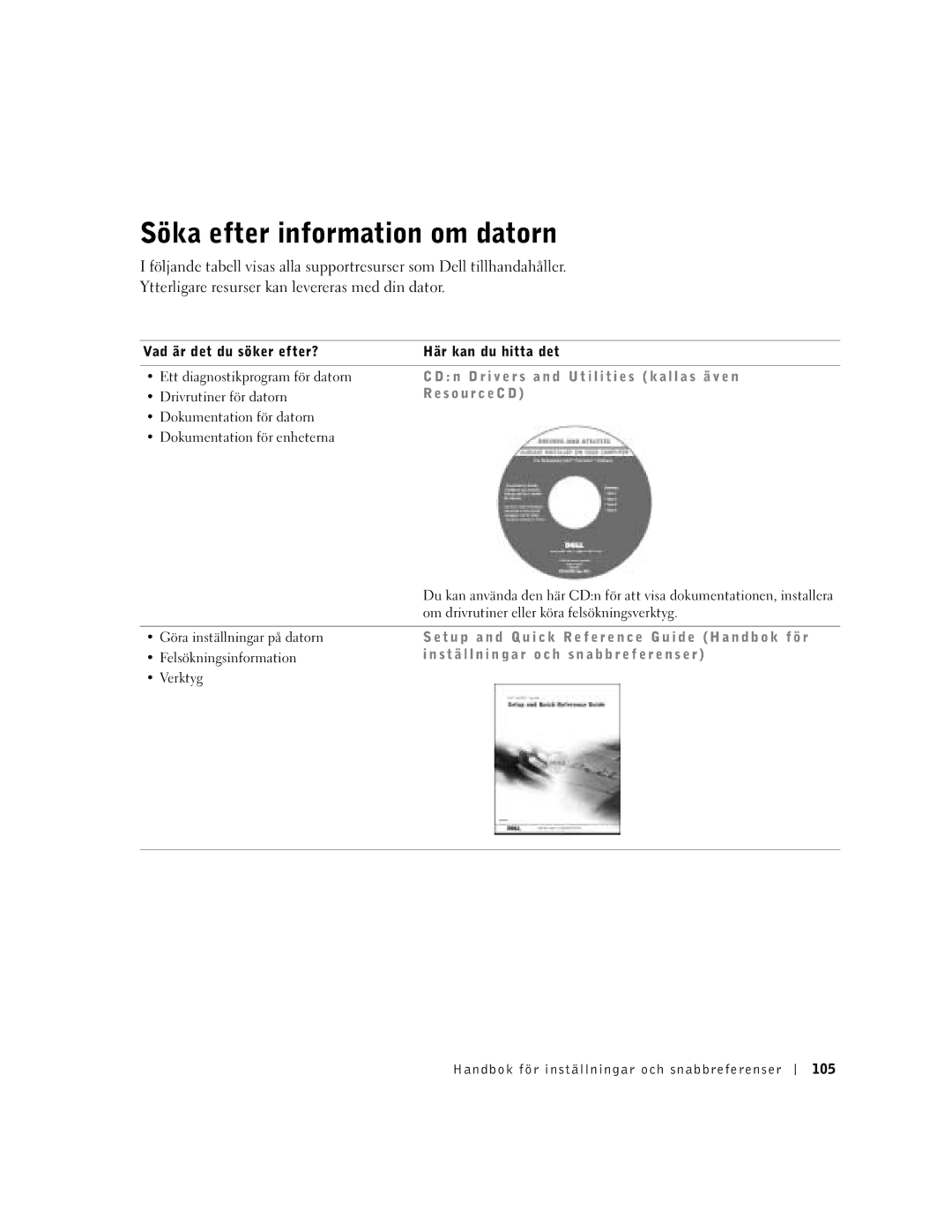 Dell Workstation 350 manual Söka efter information om datorn, N D r i v e r s a n d U t i l i t i e s k a l l a s ä v e n 