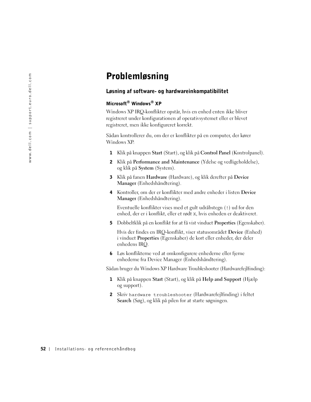 Dell Workstation 350 manual Problemløsning, Løsning af software- og hardwareinkompatibilitet 