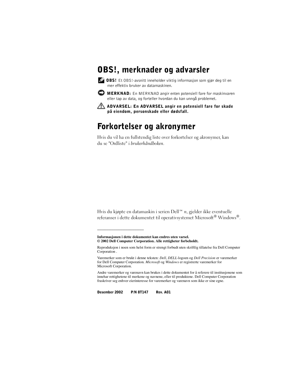 Dell Workstation 350 manual OBS!, merknader og advarsler, Forkortelser og akronymer 