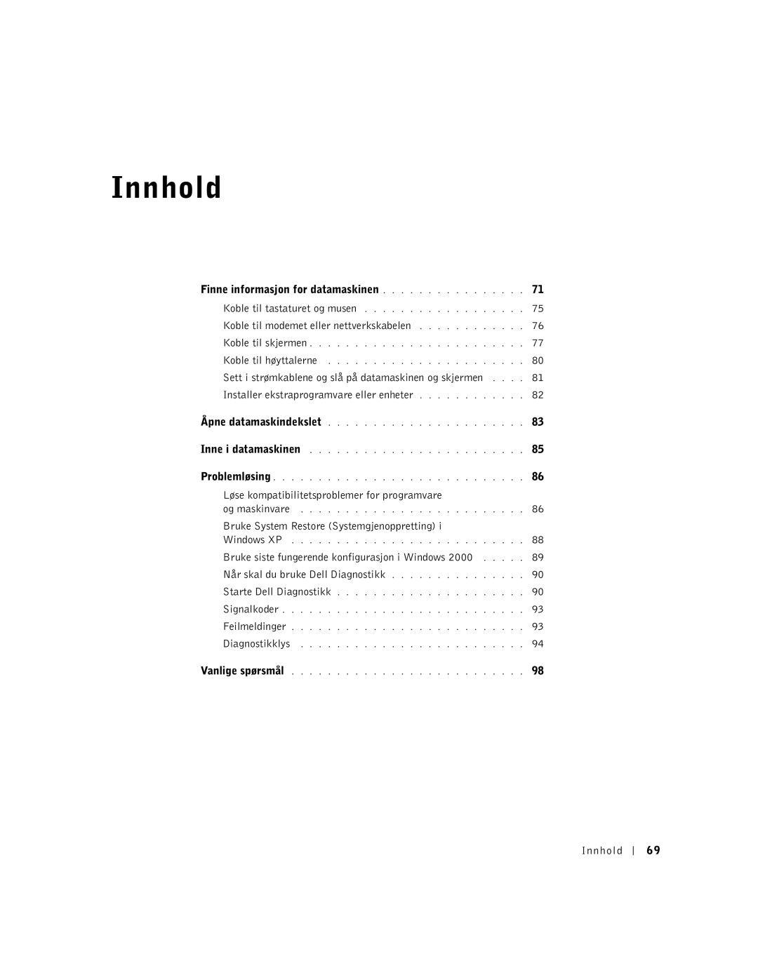 Dell Workstation 350 manual Finne informasjon for datamaskinen, Koble til modemet eller nettverkskabelen, Innhold 