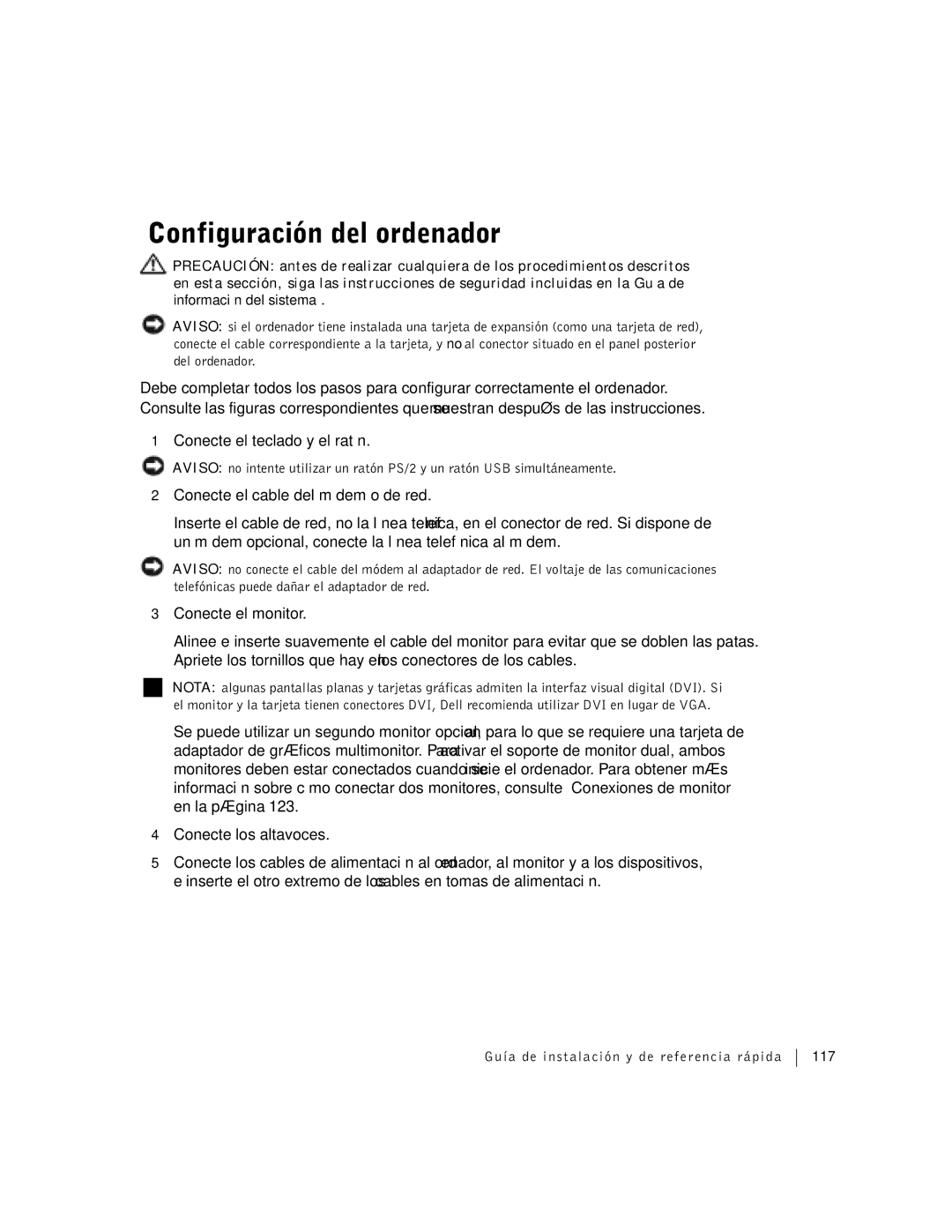 Dell Workstation 360 manual Configuración del ordenador, Guía de instalación y de referencia rápida 117 