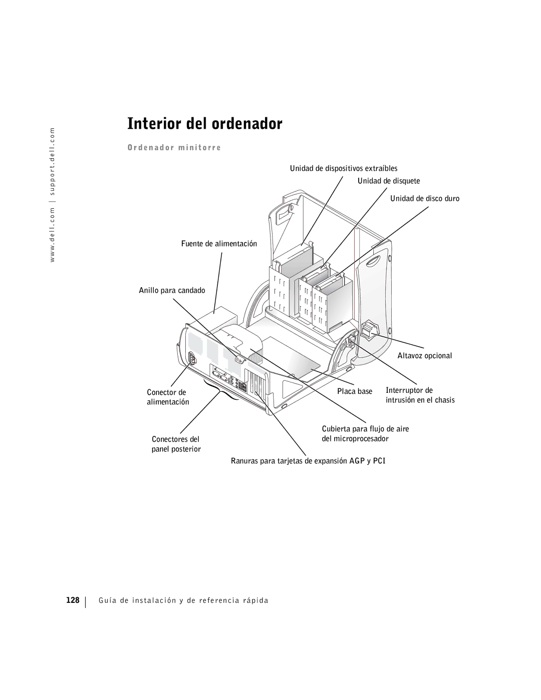 Dell Workstation 360 manual Interior del ordenador, D e n a d o r m i n i t o r r e, Placa base Interruptor de 