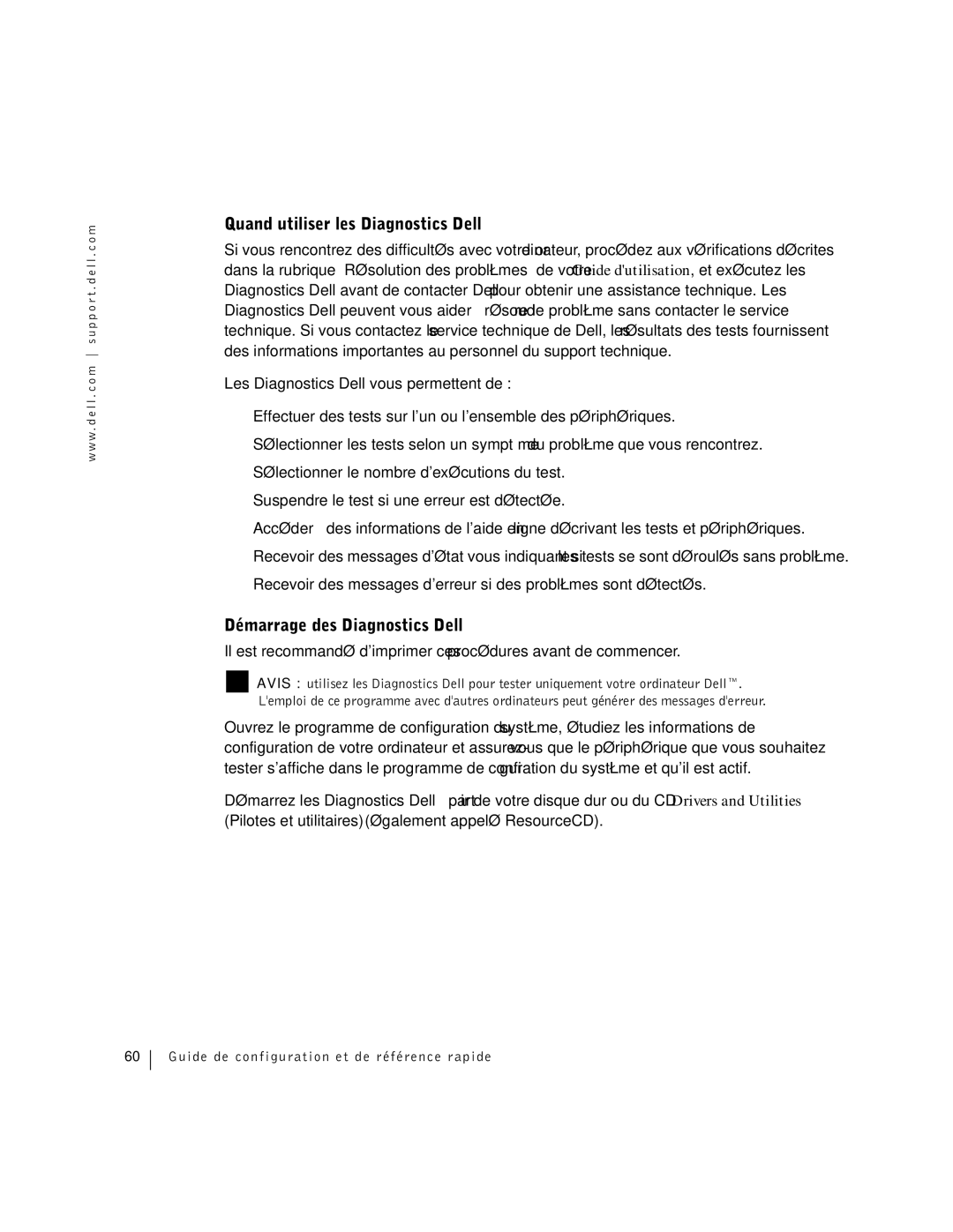 Dell Workstation 360 manual Quand utiliser les Diagnostics Dell, Démarrage des Diagnostics Dell 