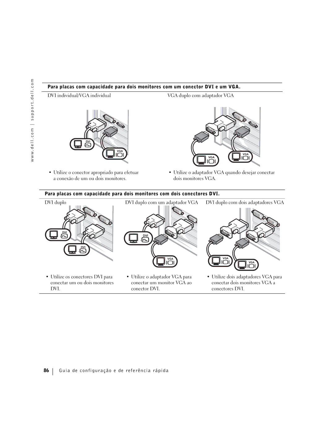 Dell Workstation 360 manual Utilize o conector apropriado para efetuar, Utilize os conectores DVI para, Conector DVI 