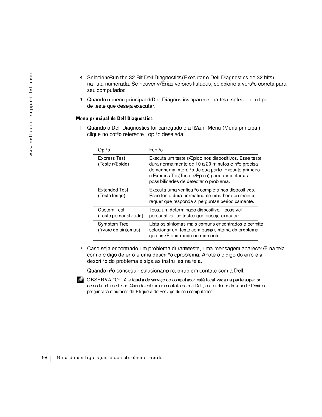 Dell Workstation 360 manual Menu principal do Dell Diagnostics 