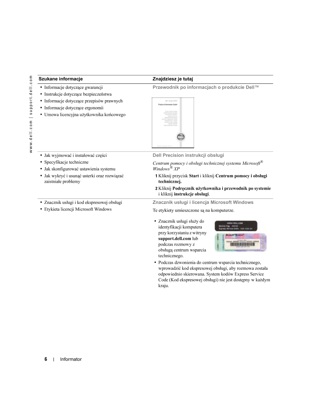 Dell Workstation 370 manual Szukane informacje, Znacznik usługi i licencja Microsoft Windows 