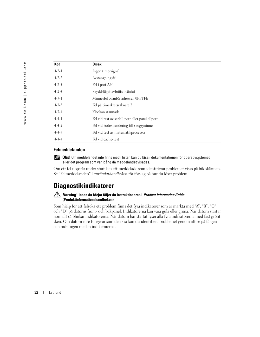 Dell Workstation 370 manual Diagnostikindikatorer, Felmeddelanden 