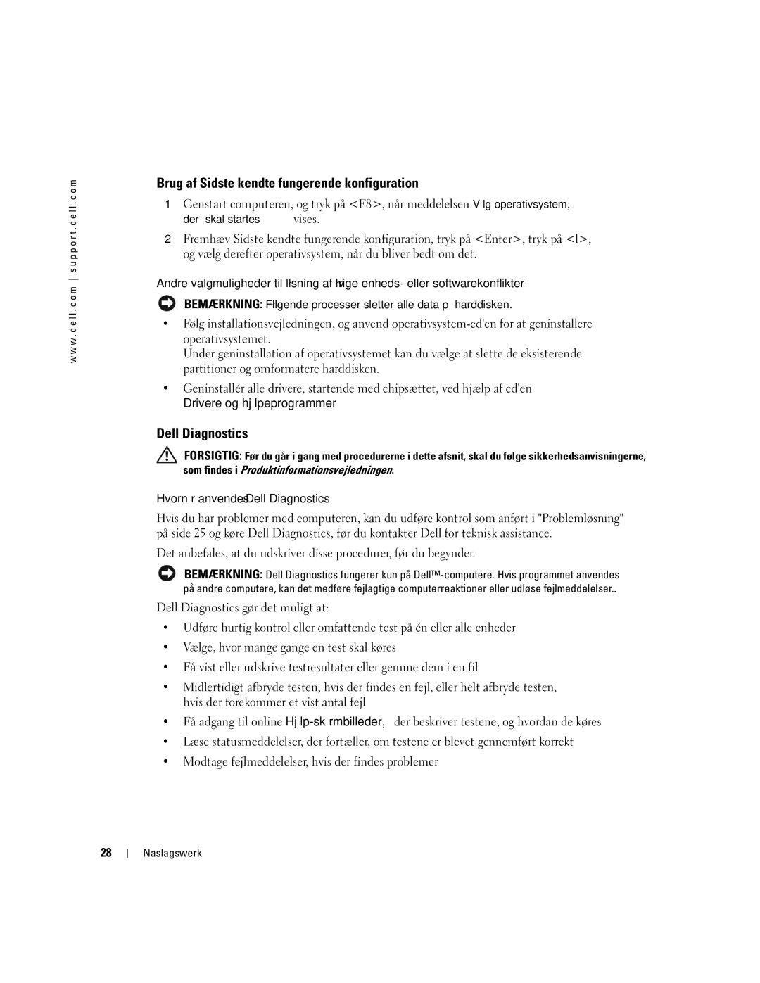 Dell Workstation 370 manual Brug af Sidste kendte fungerende konfiguration, Drivere og hjælpeprogrammer 