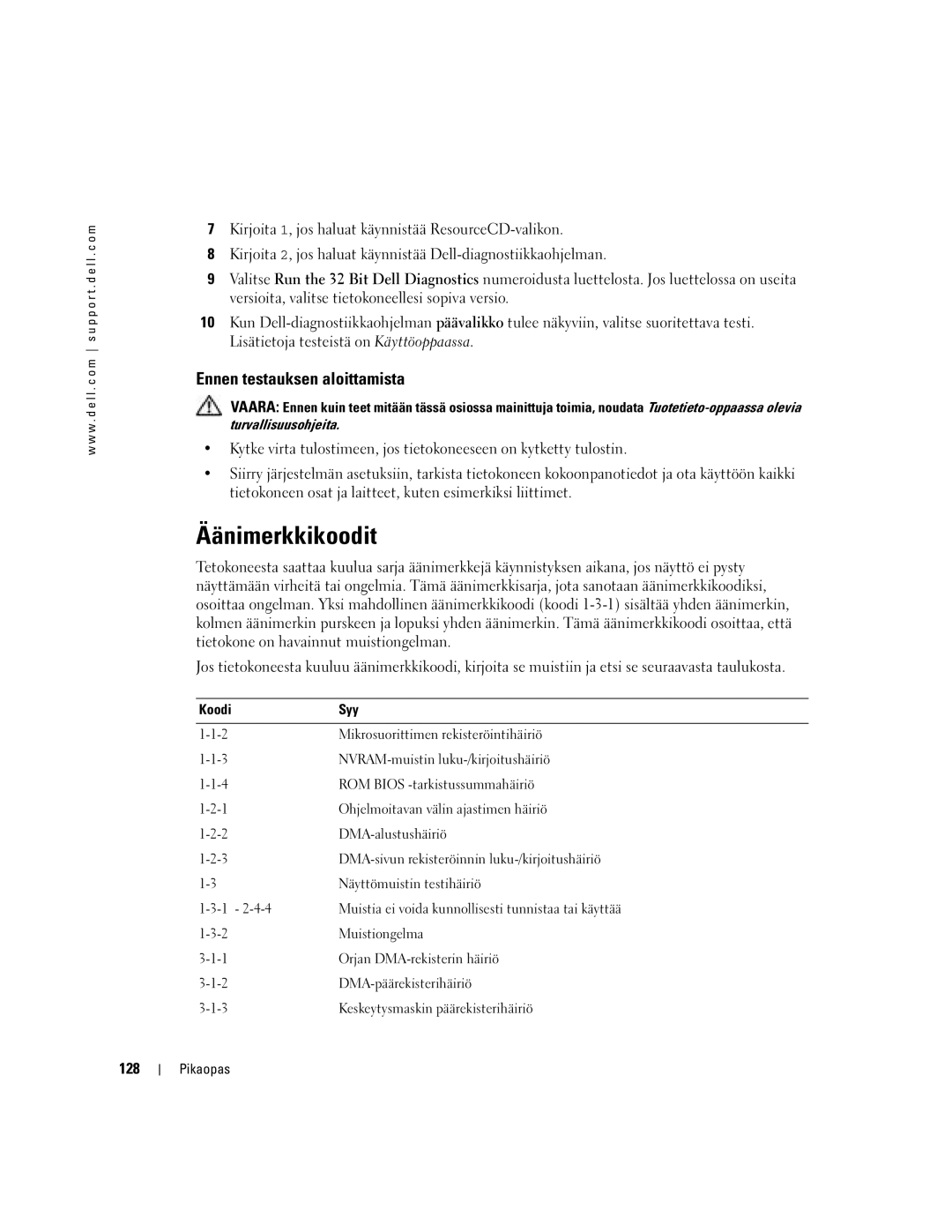 Dell Workstation 380 manual Äänimerkkikoodit, Ennen testauksen aloittamista, 128 