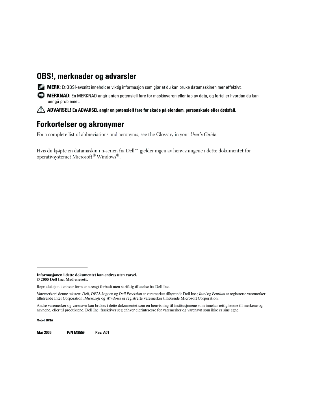 Dell Workstation 380 manual OBS!, merknader og advarsler, Forkortelser og akronymer 