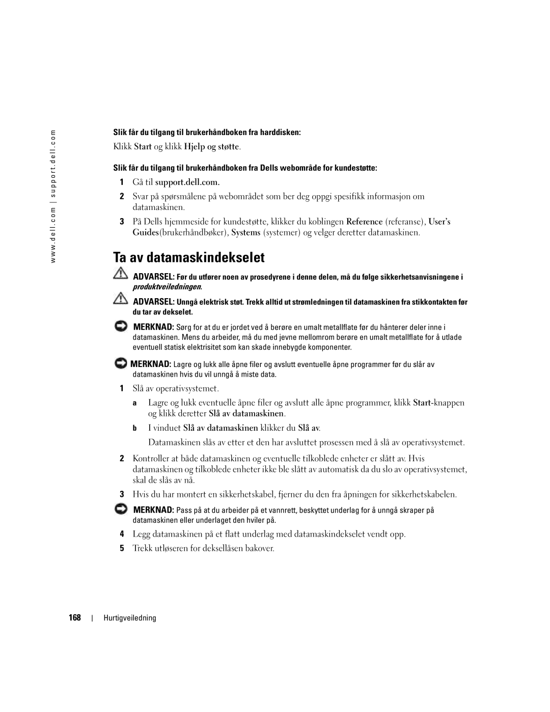 Dell Workstation 380 manual Ta av datamaskindekselet, Slik får du tilgang til brukerhåndboken fra harddisken, 168 