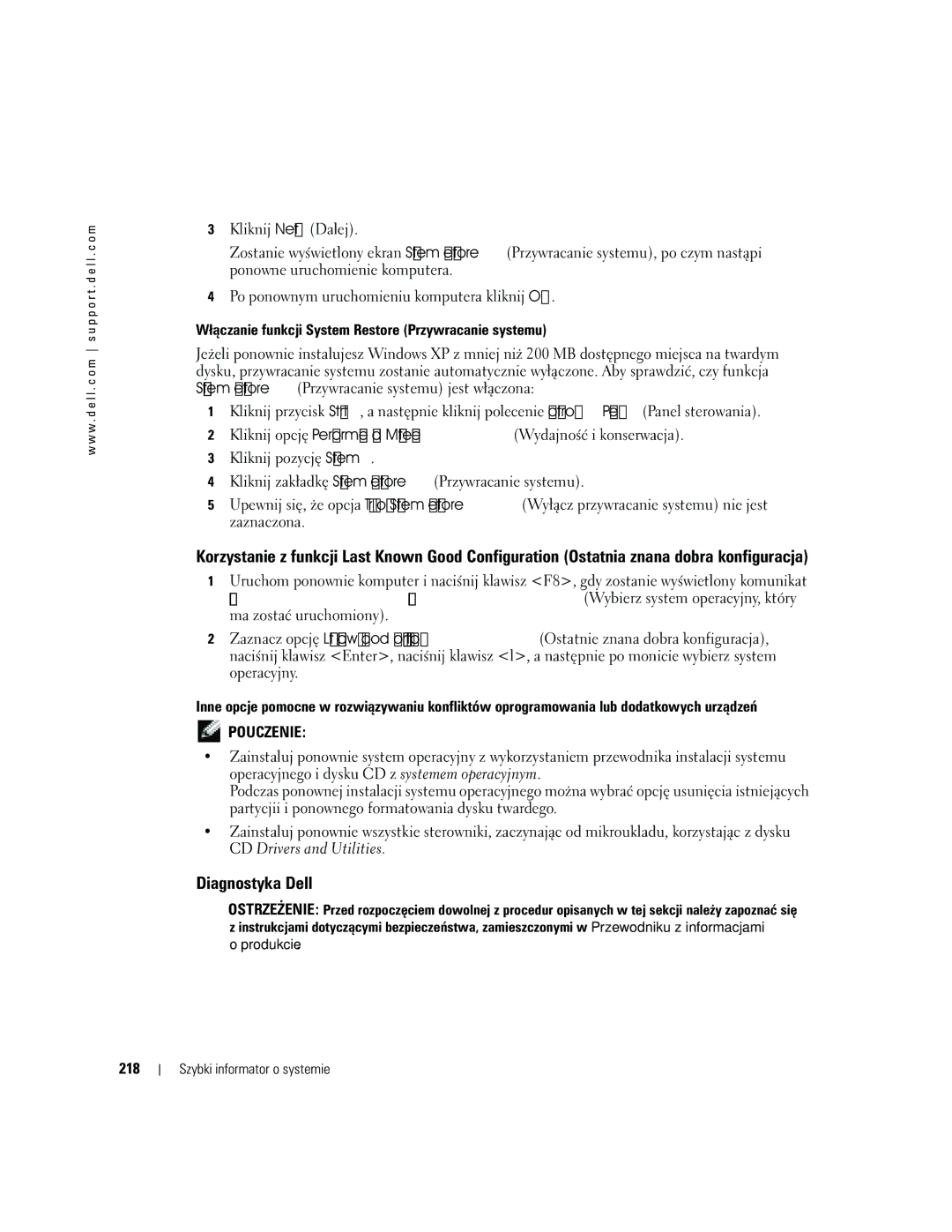 Dell Workstation 380 manual Diagnostyka Dell, 218 