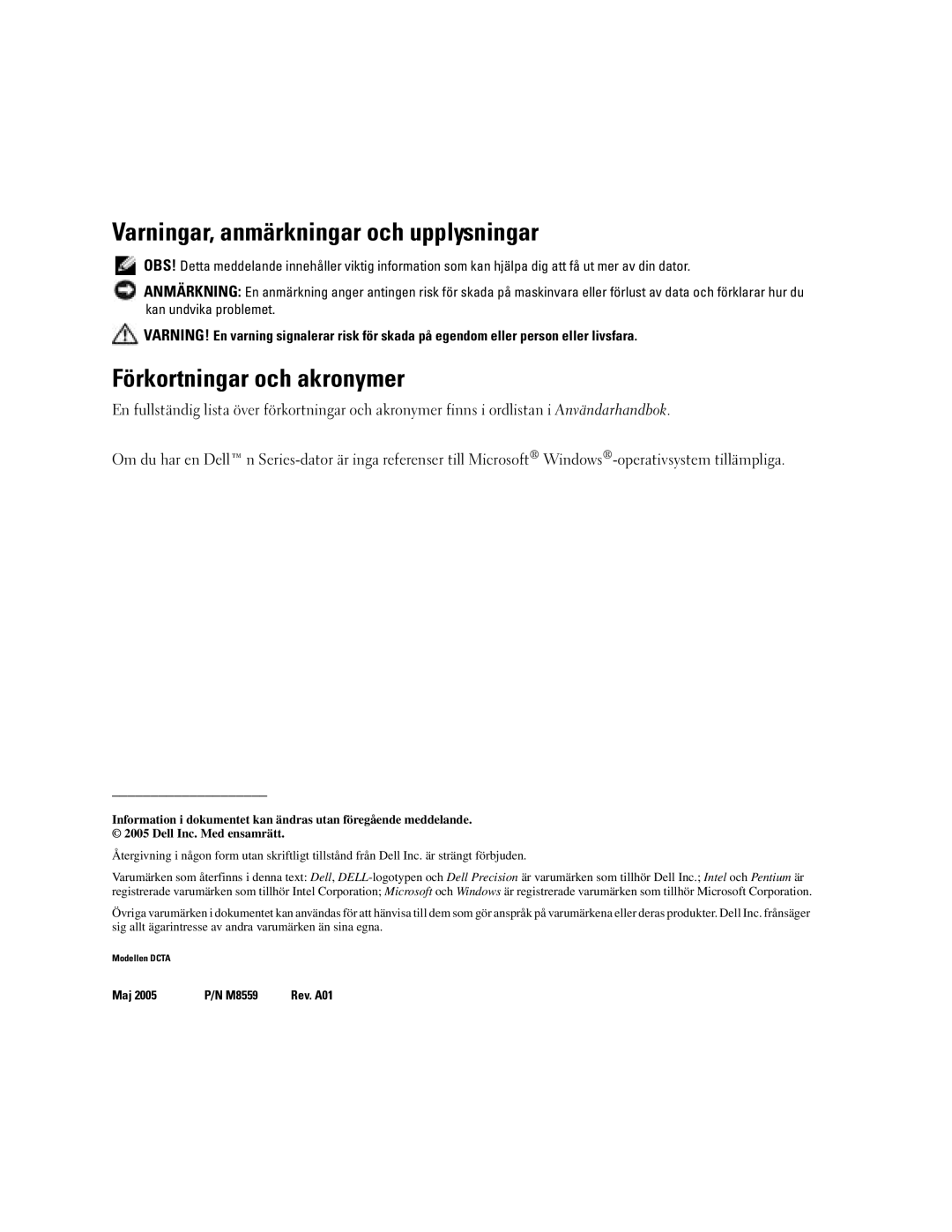 Dell Workstation 380 manual Varningar, anmärkningar och upplysningar, Förkortningar och akronymer 