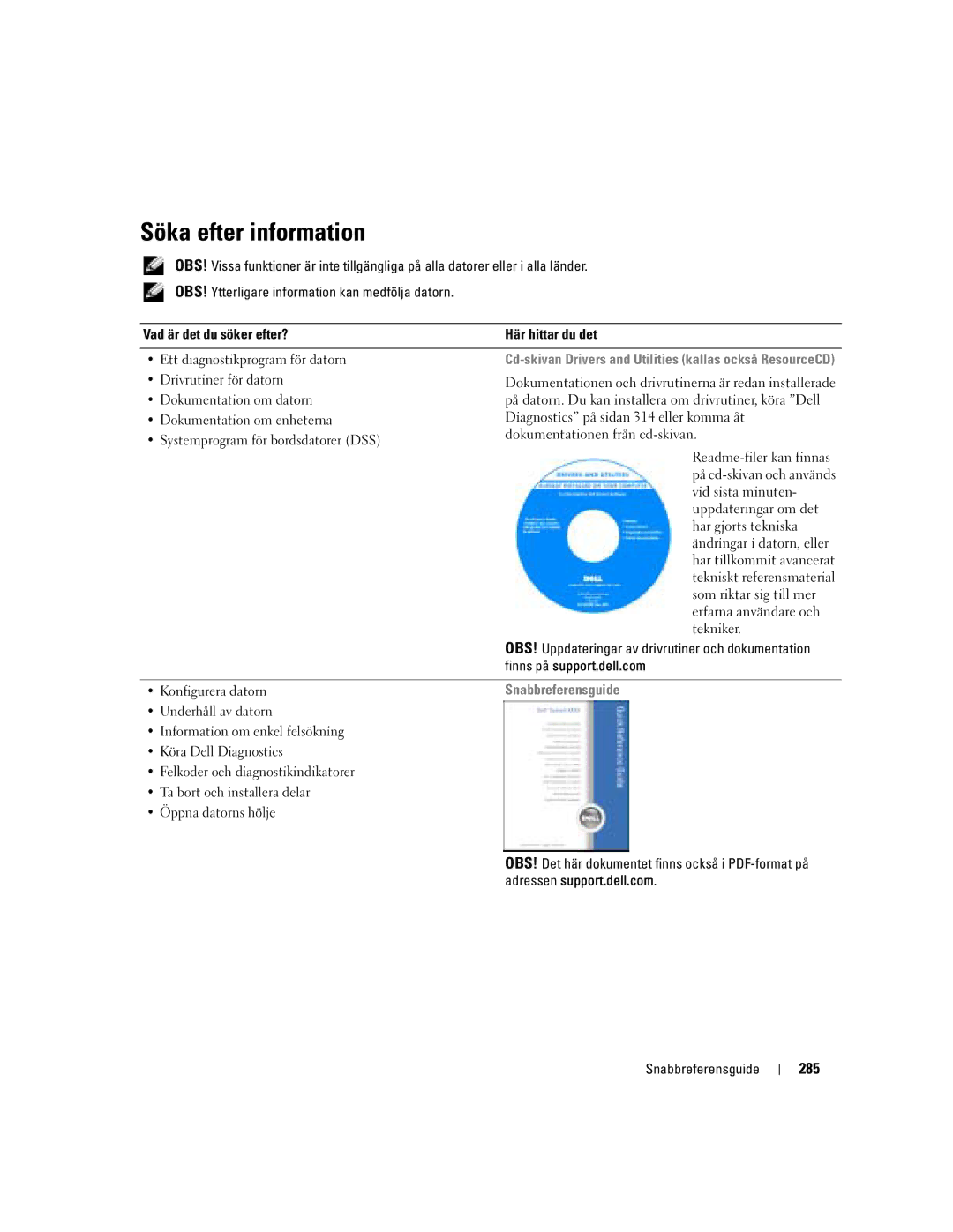 Dell Workstation 380 manual Söka efter information, 285, Snabbreferensguide 