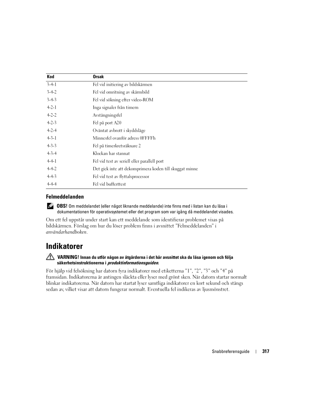 Dell Workstation 380 manual Indikatorer, Felmeddelanden, 317 