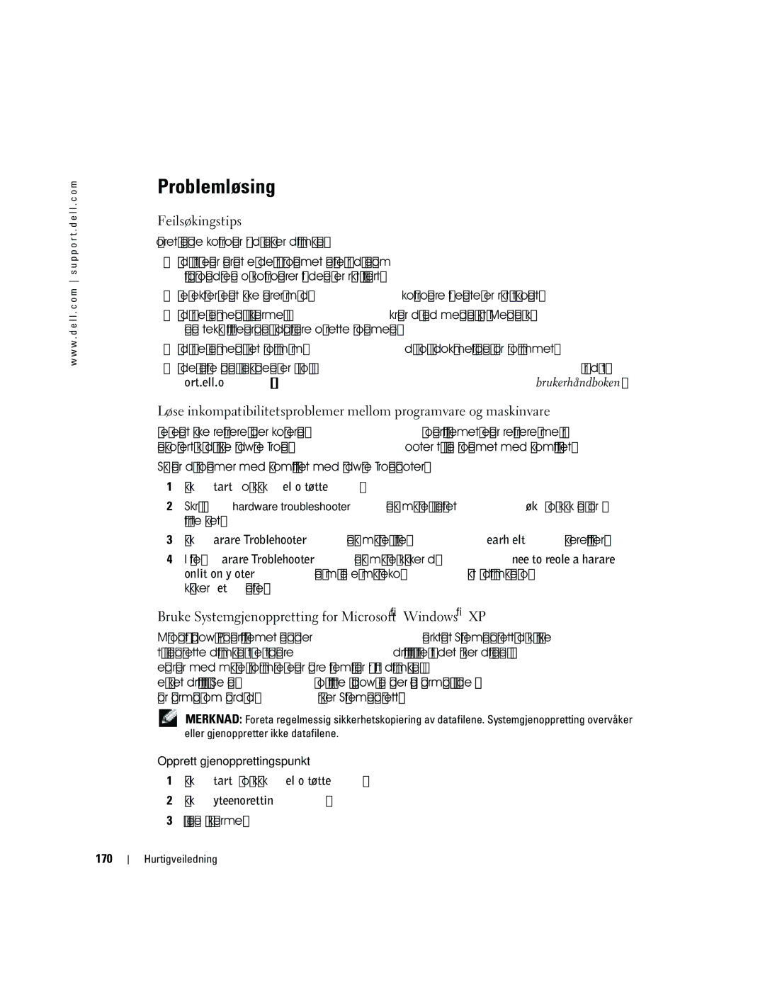 Dell Workstation 380 manual Problemløsing, Feilsøkingstips, Bruke Systemgjenoppretting for Microsoft Windows XP, 170 