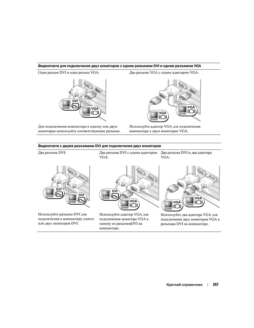 Dell Workstation 380 manual 247, Используйте разъемы DVI для Используйте адаптер VGA для, Подключения монитора VGA к 