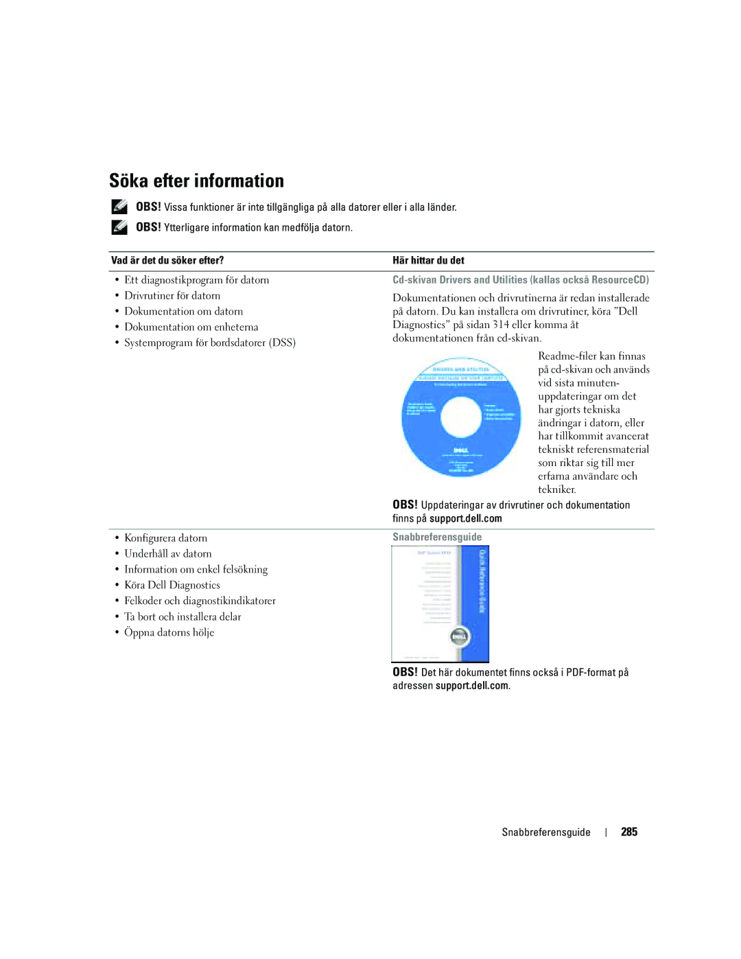 Dell Workstation 380 manual Söka efter information, 285, Snabbreferensguide 