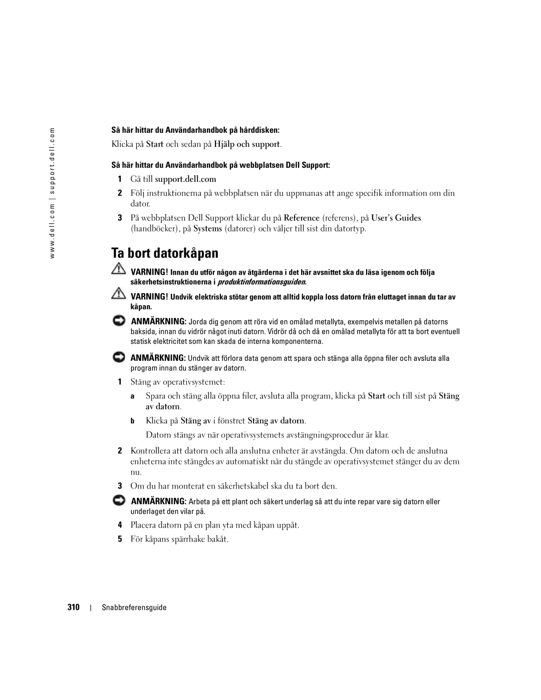 Dell Workstation 380 manual Ta bort datorkåpan, Så här hittar du Användarhandbok på hårddisken, 310 