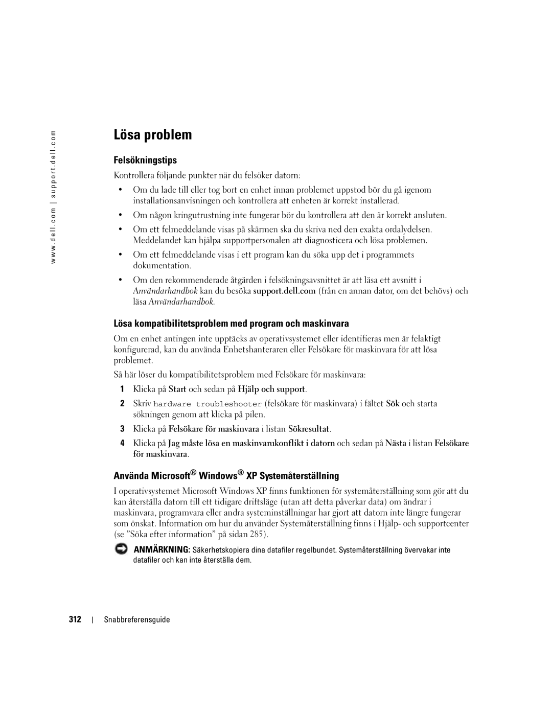 Dell Workstation 380 manual Lösa problem, Felsökningstips, Lösa kompatibilitetsproblem med program och maskinvara, 312 