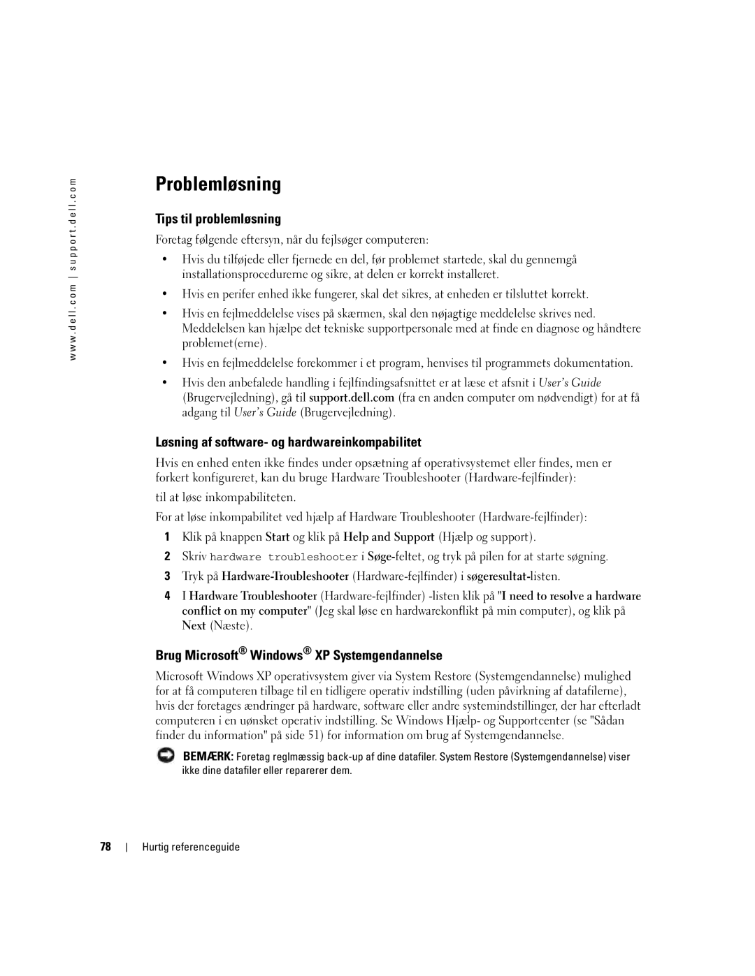 Dell Workstation 380 manual Problemløsning, Tips til problemløsning, Løsning af software- og hardwareinkompabilitet 