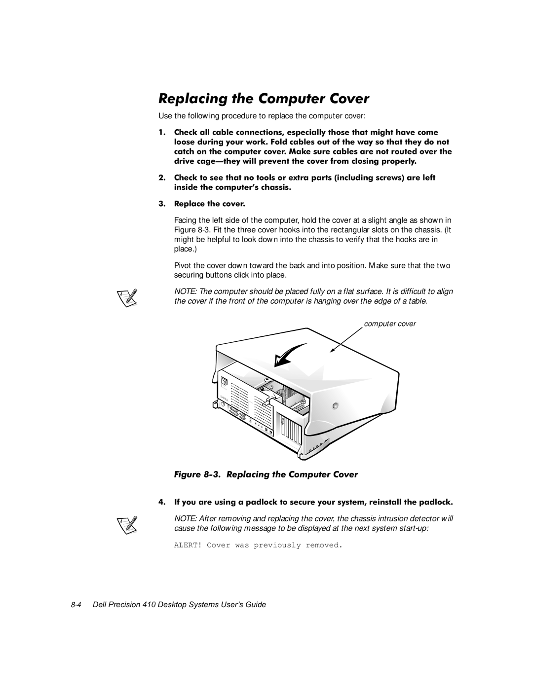 Dell WorkStation 410 manual LJXUH5HSODFLQJWKH&RPSXWHU&RYHU, Use the following procedure to replace the computer cover 