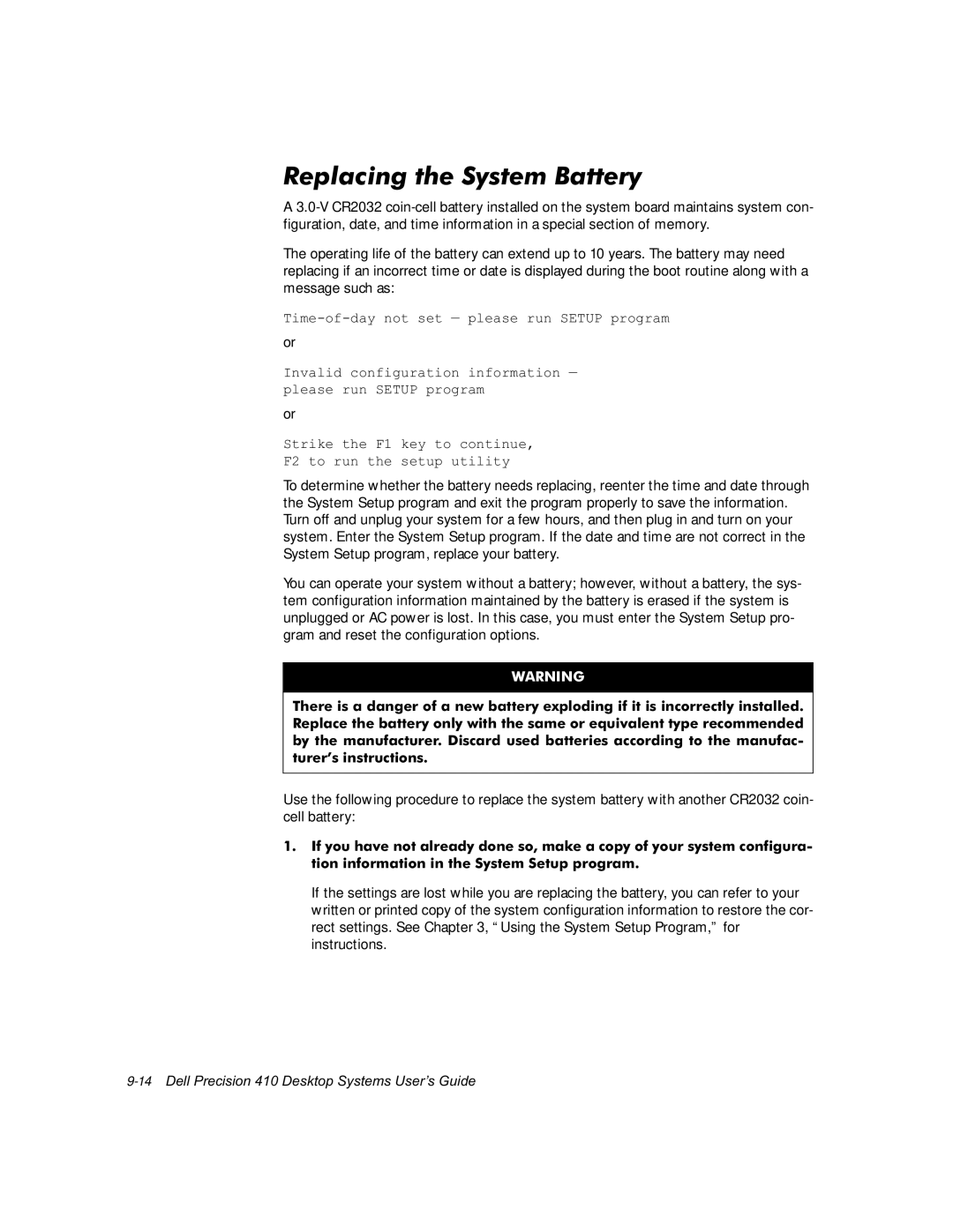 Dell WorkStation 410 manual 5HSODFLQJWKH6\VWHP%DWWHU, 14HOO3UHFLVLRQHVNWRS6\VWHPV8VHUV*XLGH 