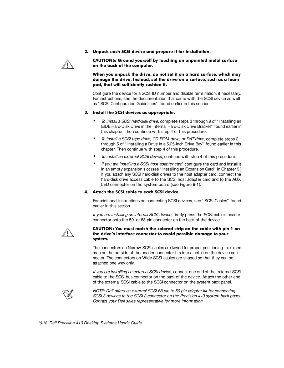 Dell WorkStation 410 manual 8QSDFNHDFK6&6,GHYLFHDQGSUHSDUHLWIRULQVWDOODWLRQ, QVWDOOWKH6&6,GHYLFHVDVDSSURSULDWH 