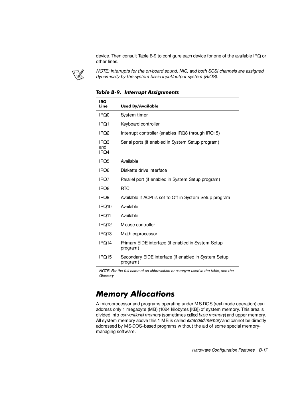 Dell WorkStation 410 manual 0HPRU\$OORFDWLRQV, 7DEOH%,QWHUUXSW$VVLJQPHQWV 