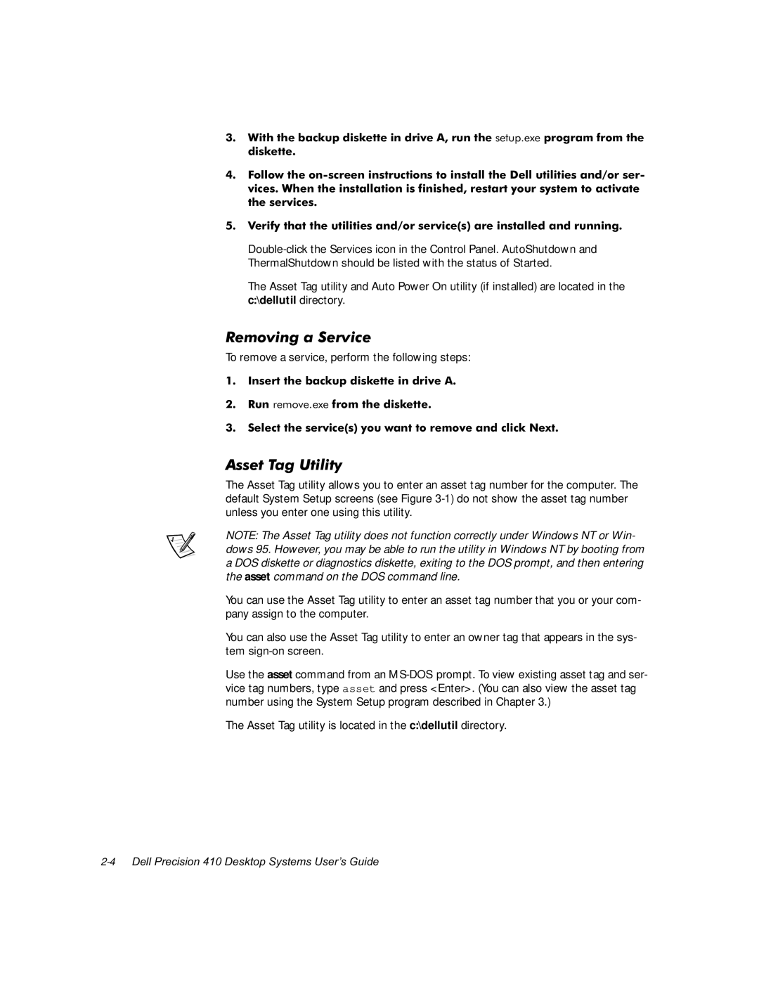 Dell WorkStation 410 manual 5HPRYLQJD6HUYLFH, $VVHW7DJ8WLOLW, Wkhvhuylfhv, To remove a service, perform the following steps 