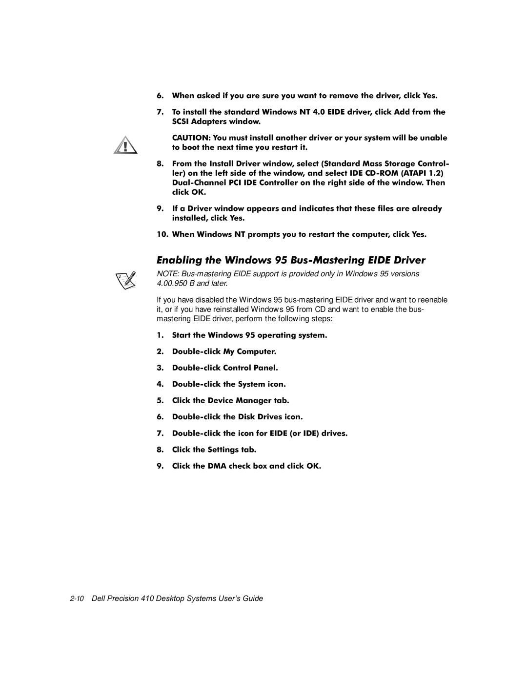 Dell WorkStation 410 manual QDEOLQJWKHLQGRZV%XV0DVWHULQJ,ULYHU, Khqdvnhgli\Rxduhvxuh\Rxzdqwwruhpryhwkhgulyhufolfnhv 