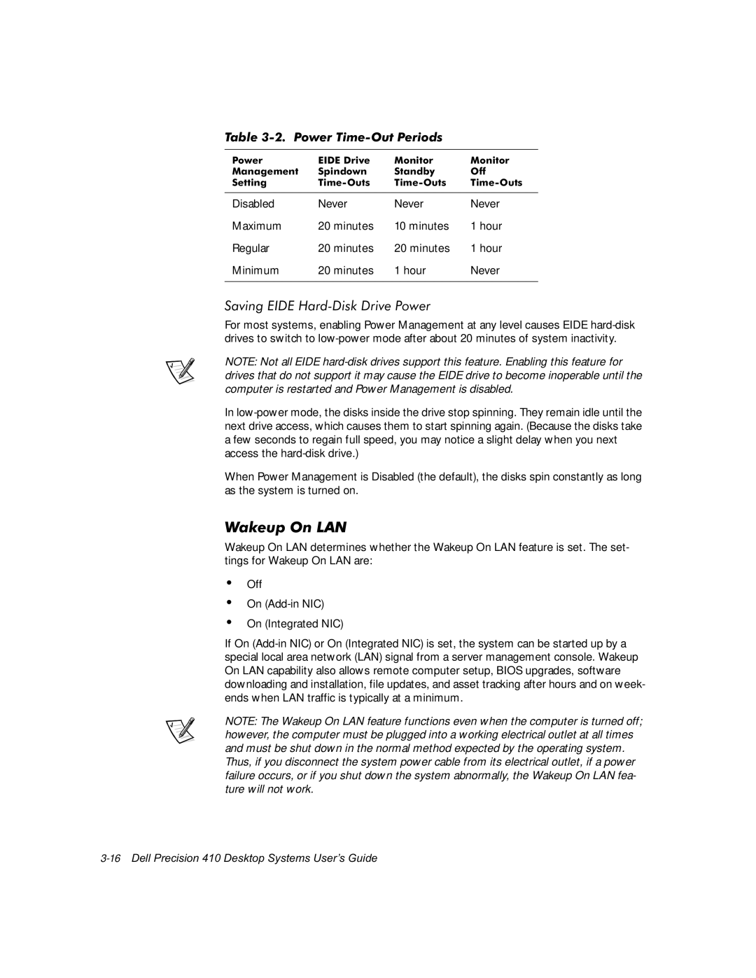 Dell WorkStation 410 manual 6DYLQJ,+DUGLVNULYH3RZHU, 7DEOH3RZHU7LPH2XW3HULRGV, 16HOO3UHFLVLRQHVNWRS6\VWHPV8VHUV*XLGH 